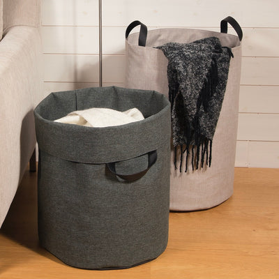korg förvaring golv i tyg beige grå design med handtag leksaker tvättkorg